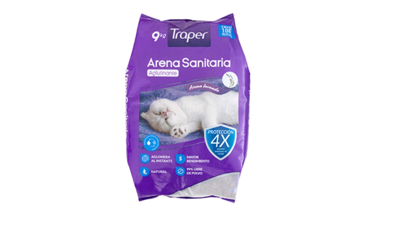 Arena Sanitaria Aglutinante Lavanda Para Gatos Traper 9 Kg