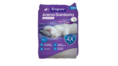 Arena Sanitaria Aglutinante Aroma Lavanda Para Gatos Traper 4 Kg